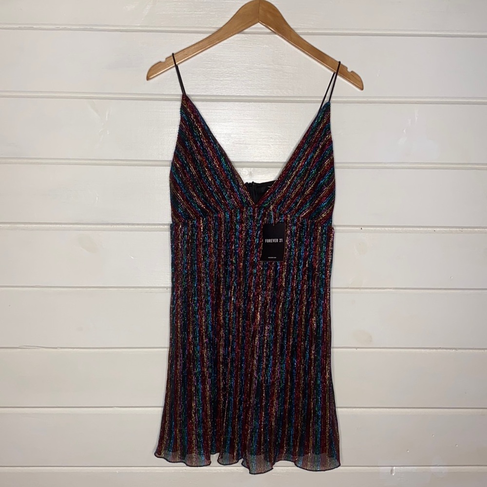 NWT shiny foil rainbow spaghetti strap mini dress